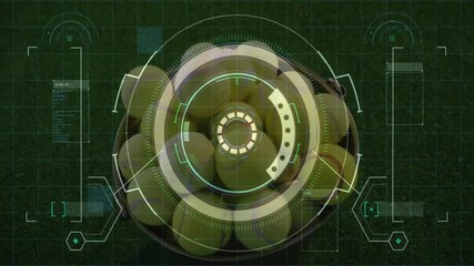 Poster - Basket containing yellow tennis balls being visualized under futuristic HUD, with grid and data