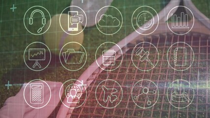 Poster - Tennis racket lying on green grass near ball featuring flat design tech icon grid
