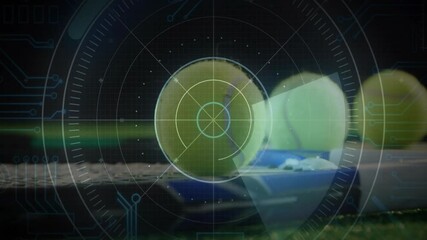 Poster - Neon-green tennis ball resting on racket strings, showing futuristic HUD with circuit grid