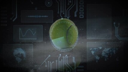Poster - tennis ball hovering above grid surface projecting holographic data panels and glowing circuits