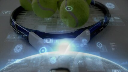 Poster - Tennis racket with three balls resting, displaying holographic Earth and floating flat design UI