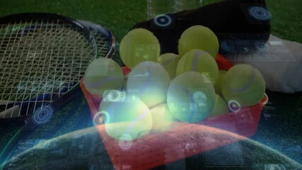 Poster - Red plastic basket sitting on green turf court, showing holographic icons hovering over tennis gear