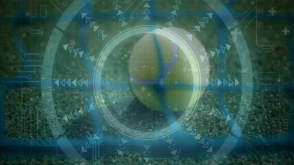 Poster - Tennis ball resting on textured court surface, showing flat design HUD reticles and circuit lines