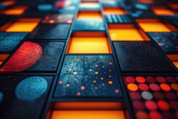 Fototapete - Abstract geometric shapes in red, blue, yellow, and black. Modern art design. Background image of 3D rendering geometric shape with vibrant color. Modern and creative artwork design. Poster. AIG51.