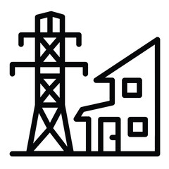 Poster - House and high voltage pole line icon, electrician service concept. Vector graphics. Building electrical safety sign on white background, style for mobile or design.