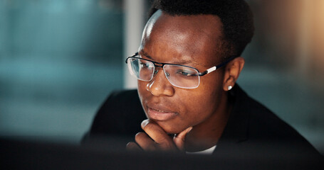 Poster - Night, black man and employee with computer, thinking and ideas for reading and online solution. Person, evening and consultant with technology, problem solving or planning with internet or project