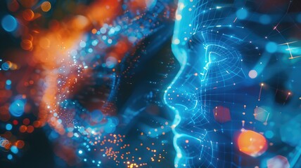 Poster - Abstract digital faces with glowing blue and orange lines facing each other. Digital artwork of face with glowing line. Technology innovation and artificial intelligence concept for design. AIG53.