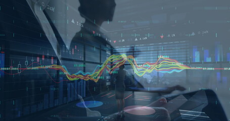 Poster - Image of financial data over diverse businesspeople and office