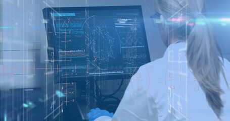 Poster - image of data processing over female caucasian scientist using computer