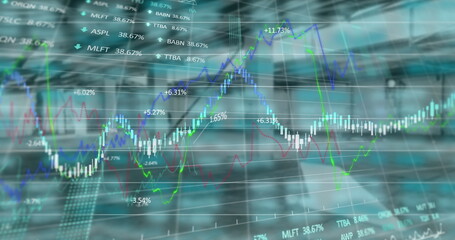 Poster - Image of financial data processing over empty warehouse