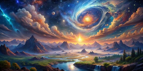 Wall Mural - Divine Creation: Celestial Landscape, Genesis, Heavenly Panorama, Birth of Cosmos, Cosmic Dawn