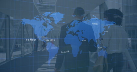 Poster - Image of data processing over diverse business people talking