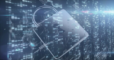 Poster - image of padlock icon over data processing on black background