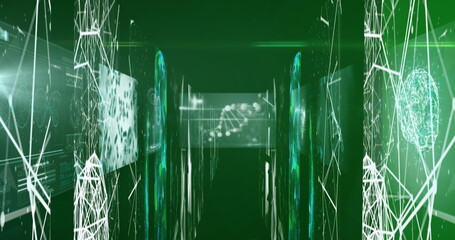 Poster - image of network of connections over data processing on green background