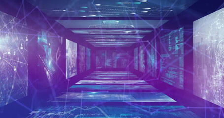 Poster - image of network of connections over data processing on blue background