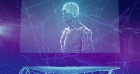 Poster - image of network of connections over data processing on blue background