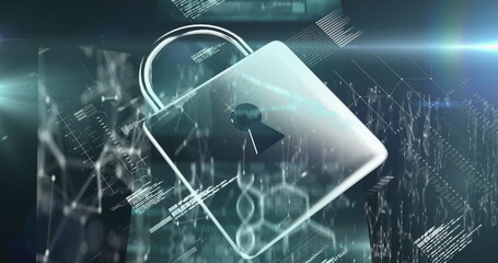 Poster - Image of padlock over data processing on black background