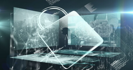 Poster - Image of padlock icon over data processing on black background