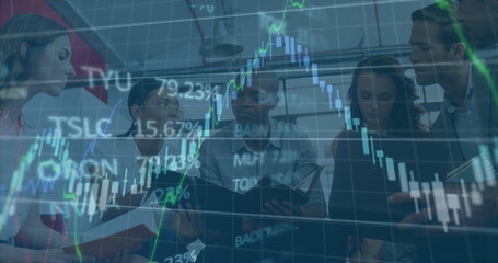 Poster - Image of financial data processing and stock market over diverse business people in office