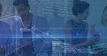 Poster - Image of financial data processing and stock market over diverse business people in office
