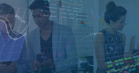 Poster - Image of financial data processing over businesses people