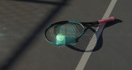 Poster - Overhead flat design showing turquoise tennis racket holding neon yellow tennis ball on green court
