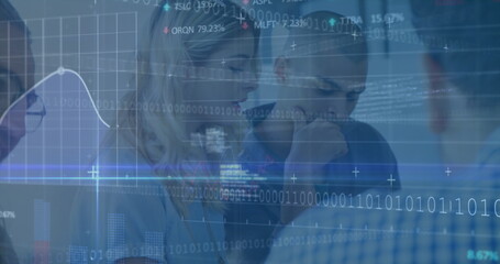 Poster - Image of financial data processing over businesses people