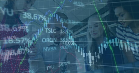 Poster - Image of statistics and data processing over diverse business people