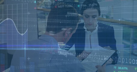 Poster - Image of financial data processing over businesses people