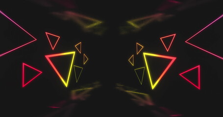 Poster - Image of multicoloured neon light triangles flickering on black background