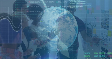 Poster - Image of binary coding, data processing and globe over diverse business people