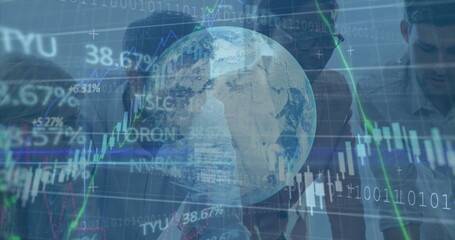 Poster - Image of financial data processing and globe over diverse business people
