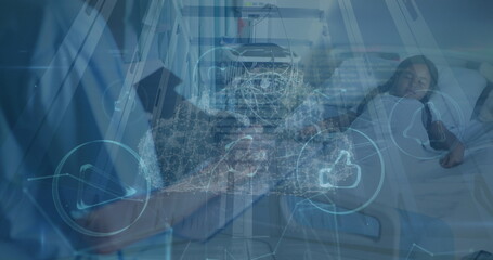 Poster - Image of network of connections and cloud icon over diverse doctor and patient