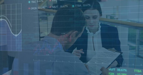 Poster - Image of financial data processing and stock market over diverse business people
