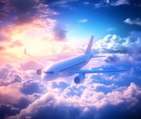 Aufkleber - 青空に浮かぶ白い旅客機の鮮やかな航空写真 太陽の光に照らされた雲の上の飛行機の様子