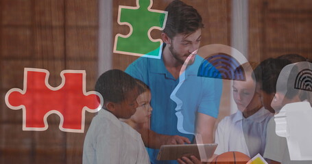 Poster - Image of puzzle pieces over diverse schoolchildren using tablet