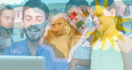 Poster - Image of puzzle pieces and clouds over diverse schoolchildren and teacher using tablet