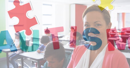 Poster - Image of autism text over diverse schoolchildren and teacher using tablet