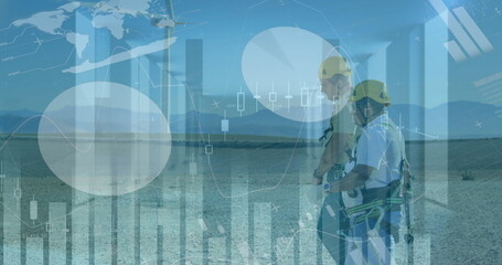 Poster - Image of data financial processing over windmill and workers