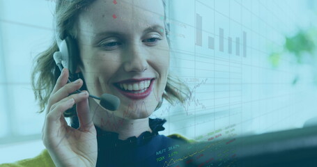 Poster - Image of financial graphs over happy caucasian female consultant working in office
