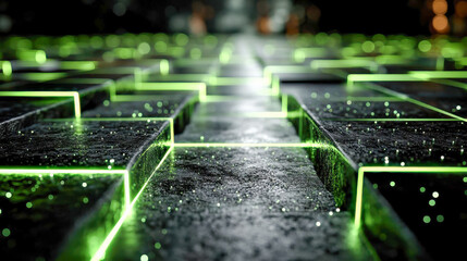Poster - High-tech grid of black textured cubes with green glowing glass inserts, forming a futuristic energy-based architectural surface