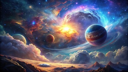 Wall Mural - Double Exposure: Distant Planet and Star, Cosmic Landscape, Celestial Scene