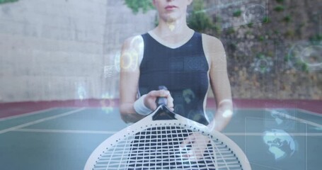 Poster - female tennis player holding racket on outdoor court, displaying technology HUD data overlays