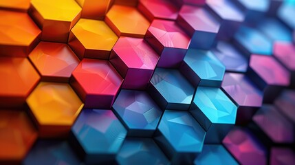 Poster - Close up of hexagonal blocks in a colorful abstract arrangement. 3D geometric design for digital art and prints. Macro photography of geometric shape with vibrant color or multi colored. AIG51.