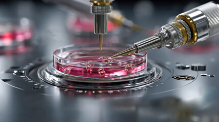 Poster - Precision microneedles working on a petri dish filled with glowing red fluid in a biotech lab setting