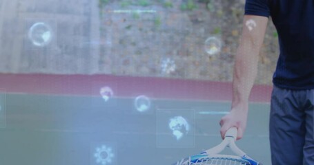Poster - Man analyzing tennis technology data on outdoor court, with floating gears network and globe icons