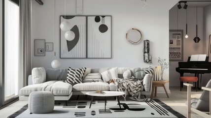 Poster - Modern interior design with vibrant colors, geometric decor, and stylish furniture. Contemporary living space concept for design and print. Interior photography. Stylish interior. 3D rendering. AIG53.