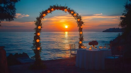 Aufkleber - 夕焼け時のビーチの装飾アーチとテーブル 穏やかな海の風景を背景にロマンチックな夜