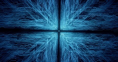 Poster - Blue circuit lines form a tunnel-like tech matrix with a fast pulsating light, resembling a data stream in a digital network, cyberspace, future technology. Seamless loop. 3D render