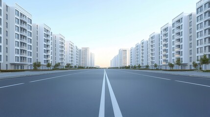 Aufkleber - 青い空の下の近代的な都市の道路と建物群の風景 遠近法の視点から見た近代建築の街並み